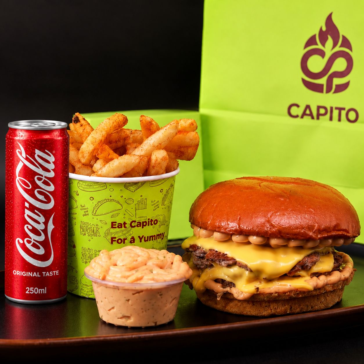 CP Double Beef Burger, Fries,sauce and drink