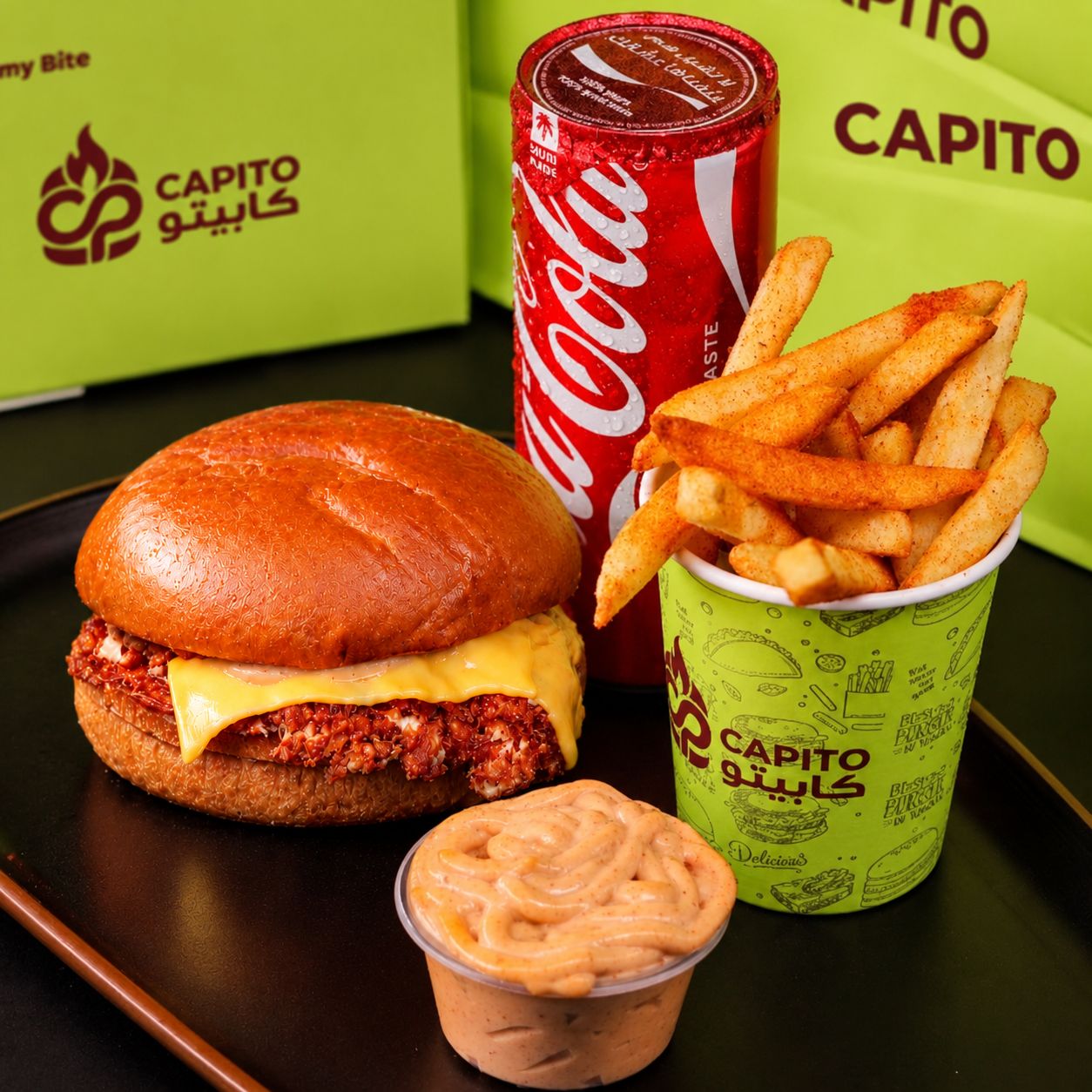 CP Single Beef Burger, Sauce, Fires with Fries