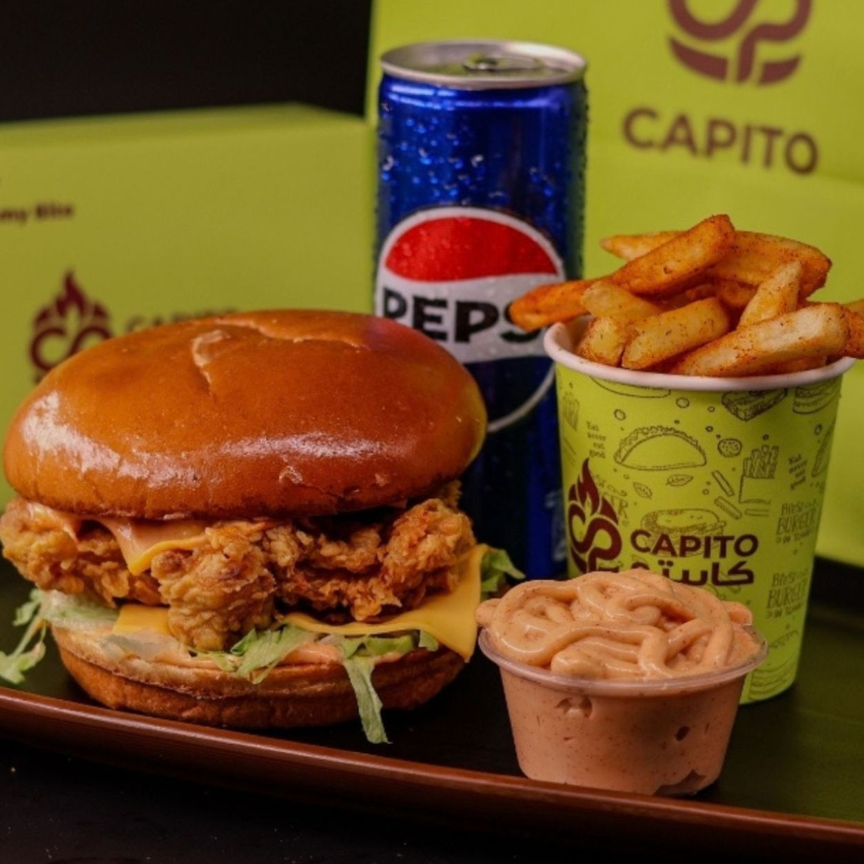 Single Chicken Burger, Fries, sauce with drink