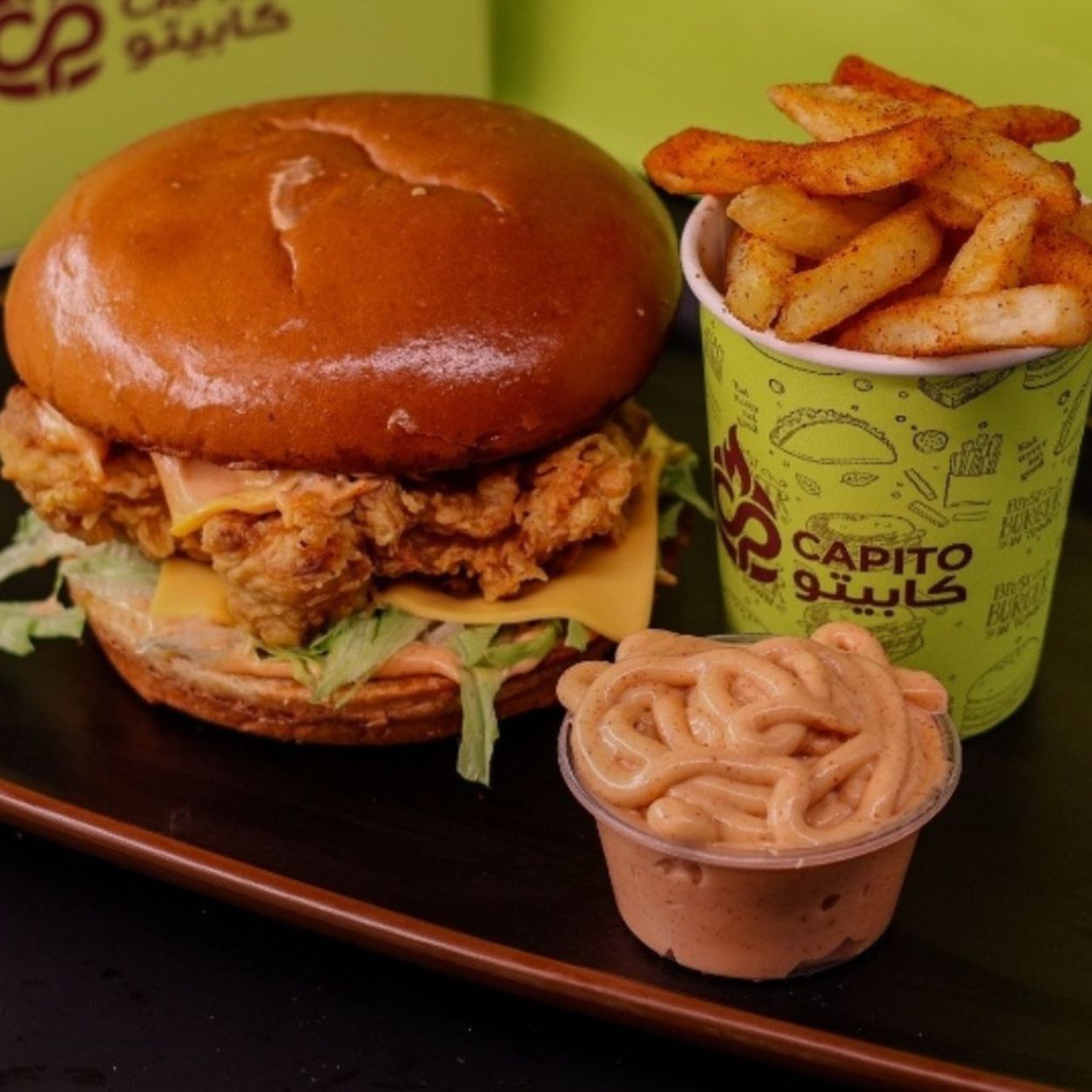Single Chicken Burger, Fries with sauce